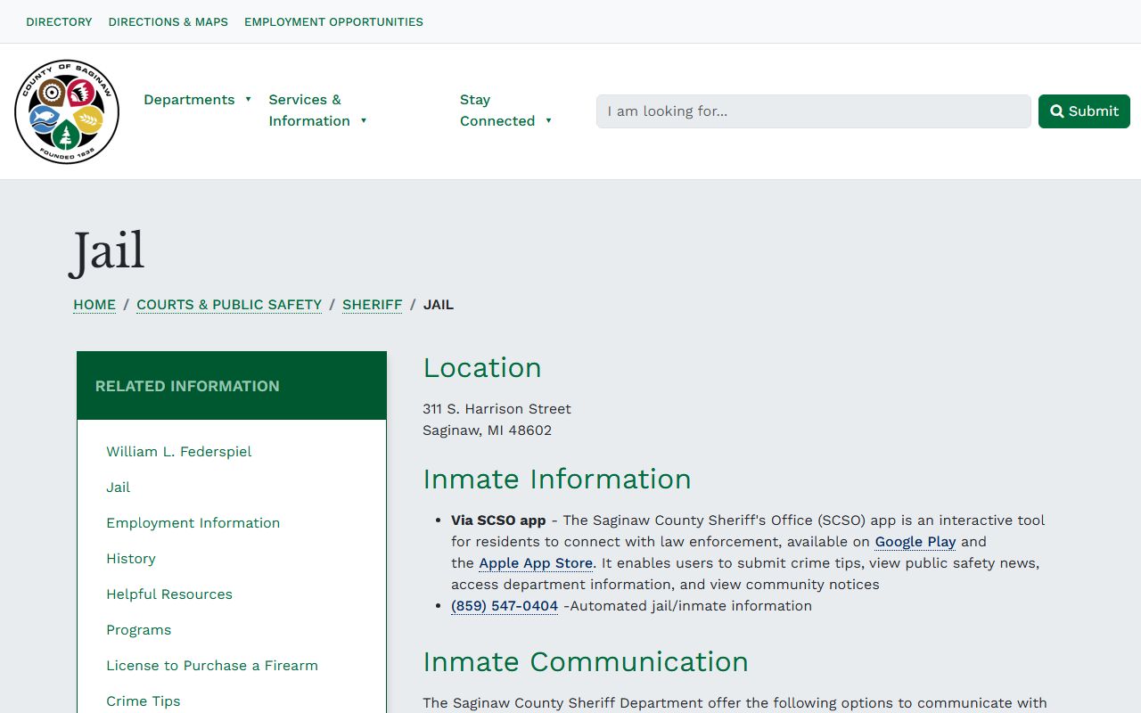 Saginaw County Jail inmate information page and custody services